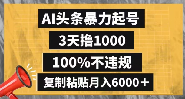 AI头条暴力起号，3天撸1000,100%不违规，复制粘贴月入6000＋【揭秘】-蓝悦项目网