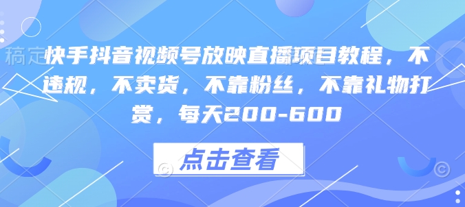 快手抖音视频号放映直播项目教程，不违规，不卖货，不靠粉丝，不靠礼物打赏，每天200-600-蓝悦项目网