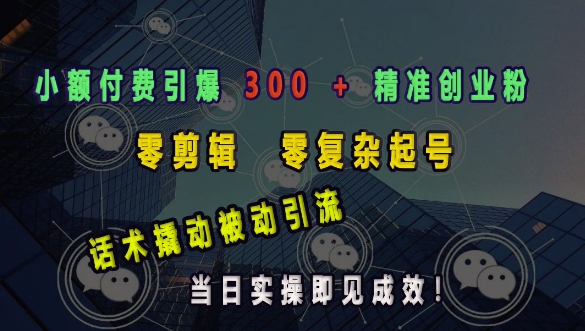 小额付费引爆 300 + 精准创业粉，零剪辑、零复杂起号，话术撬动被动引流，当日实操即见成效-蓝悦项目网